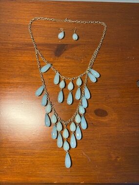 Light Blue Teardrop Layered Necklace & Earrings - Women Jewelry